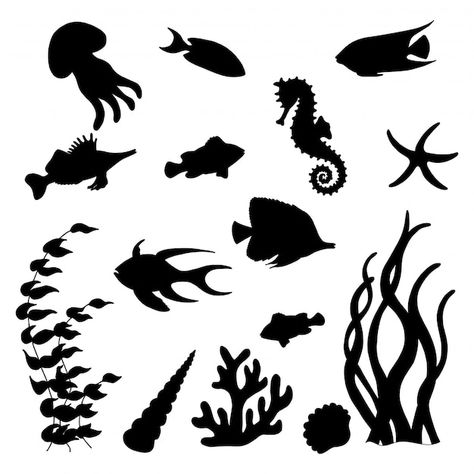 Set of black silhouettes of sea fish | Premium Vector #Freepik #vector #fish-silhouette #fish #sea-animals #cartoon-fish Ocean Art Projects, Sea Creatures Drawing, Ocean Theme Preschool, Fish Background, Cartoon Silhouette, Drawn Fish, Fish Silhouette, Animal Stencil, Angel Drawing