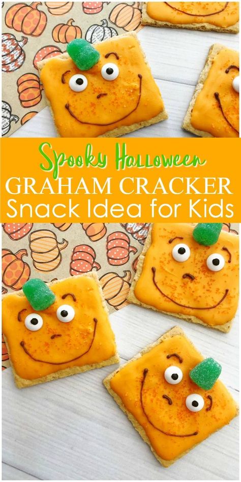 Spooky Pumpkin Graham Cracker Recipe for Halloween Spooky The Square Pumpkin Snack, Cute Classroom Halloween Treats, Graham Cracker Halloween Treats, Spookley Square Pumpkin Snack, Halloween Snacks For Preschool, No Bake Halloween Treats For Kids, Pumpkin Treats For Kids, Midnight Snack Easy, Pumpkin Snacks For Kids