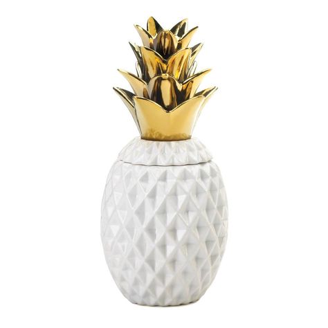 Let your personality shine throughout your home with this on-trend accent. The pineapple, a traditional symbol of hospitality, gets an update in a white ceramic vessel with tropical flair. Removable gold topped lid makes it easy to grab a snack of homemade cookies or treats. Pair up with our silver topped pineapple jar to make a grand statement of tropical island dcor. Let this eye-catching piece serve as a centerpiece for your dining table or give as the perfect gift to your friends. Eccentric Garden, Candle Holders Centerpieces, Tropical Island Decor, Inexpensive Decorating Ideas, Pineapple Cookies, Bizarre Animals, Pineapple Decor, Ceramic Canister, Island Decor