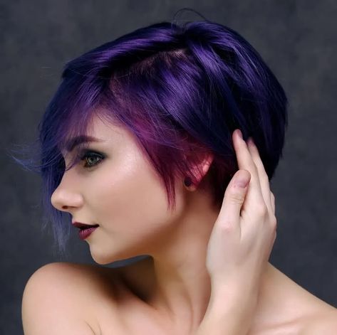 25 Hottest Dark Hair Color Ideas for Short Hair in 2024 Purple Color Hair Ideas, Short Hair Bold Color Ideas, Fantasy Hair Color Ideas For Short Hair, Purple Hair Color Short, Hair Color Ideas Short Hair Pixie Cuts, Pixie Haircut Color Ideas, Purple Hair Color Ideas For Short Hair, Short Purple Hair Pixie, Dark Purple Short Hair