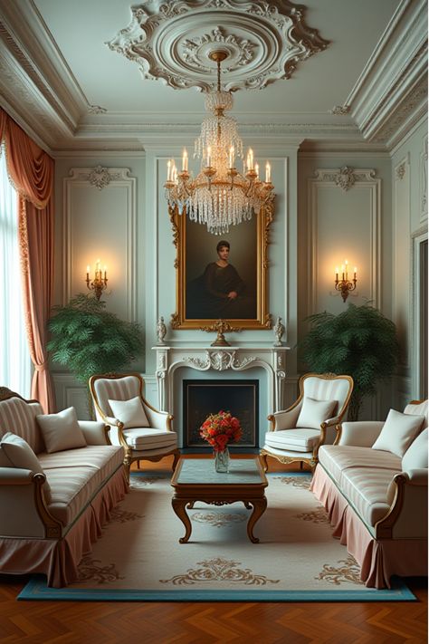 Luxurious French-inspired living room with crystal chandelier and silk upholstery Classic Luxury Living Room, French Inspired Decor, French Provincial Design, Modern Luxury Living Room, Dream Living Room, Parisian Decor, Luxury Living Room Decor, Living Room Styles, Room Styles