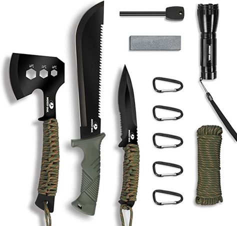 Mossy Oak Axe and Fixed Blade Knife with Sheath, One-Piece Camping Hatchet and Hunting Knife with Rope Handle, Includes Zoomable Flashlight and Many Other Tools, 15 Pieces Camping Tool Set Camping Hatchet, Hunting Tools, Camping Tools, Tactical Flashlight, Bowie Knife, Outdoor Tools, Camp Knife, Mossy Oak, Camping Survival