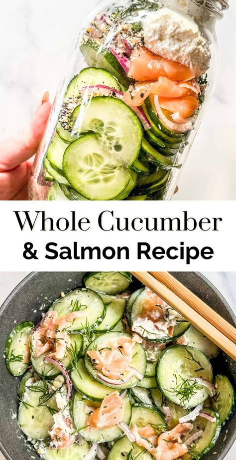 This tasty entire cucumber salad with smoked salmon, everything bagel seasoning, and cream cheese is a fantastic dish! Salmon Everything Bagel, Everything Bagel Cucumber, Cucumber Dishes, Bagel Cucumber, Salad With Smoked Salmon, Cucumber Salmon, Model Meals, Cucumber Salad Recipes, Salad With Salmon