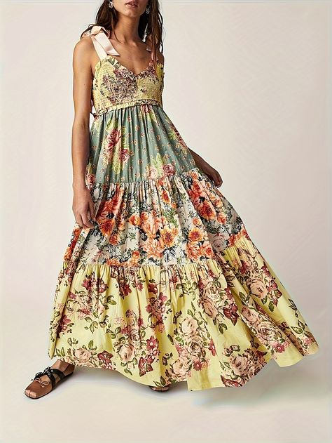 Floral Print Tie Shoulder Shirred Swing Dress, Vacation Sleeveless Cami Dress For Spring & Summer, Women's Clothing https://share.temu.com/b0SvdbUMCvA via @shoptemu High Waist Maxi Dress, Long Dress Summer, Bohemian Style Clothing, Elegant Maxi Dress, Clothing Aesthetic, Soft Autumn, Best Style, Long Summer Dresses, Color Tones