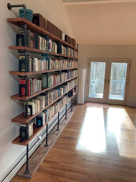 Industrial Shelving Units, Wall Shelving Units, Reclaimed Wood Shelves, Pantry Shelving, Wood Bookshelves, Home Library Design, Bookcase Wall, Wall Bookshelves, Industrial Shelving