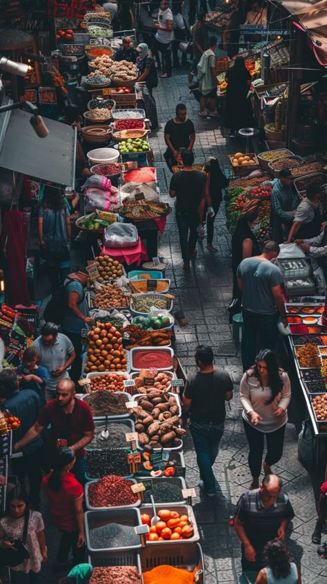 Bustling Market Scene: An overhead view captures the vibrant hustle and bustle of a busy traditional outdoor marketplace. #market #shopping #vendors #produce #vegetables #aiart #aiphoto #stockcake ⬇️ Download and 📝 Prompt 👉 https://ayr.app/l/xtbP Marketplace Photography, Autumn Market, Cookbook Club, Market Photography, Busy Market, Community Market, Market Aesthetic, Photography Moodboard, Market Scene