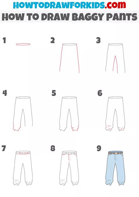 Draw Pants, How To Draw Pants, Baggy Pants Outfit, Jeans Tutorial, Pants Tutorial, Pants Drawing, Drawing Room Interior Design, Easy Drawing Tutorial, Drawing Tutorials For Kids