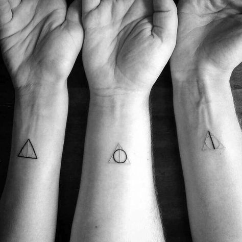 Tiny Harry Potter Tattoos, Geometric Tattoo Meaning, Tattoo Harry Potter, Small Geometric Tattoo, Sibling Tattoos, Harry Potter Tattoos, Geometric Tattoo Design, Matching Couple Tattoos, Matching Tattoo