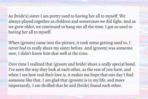 Sister Wedding Speech | Text & Image Speeches | QuoteReel Older Sister Wedding Speeches, Sister Of The Bride Speech Funny, Sister Wedding Speeches Funny, Wedding Speech Ideas Sister, Maid Of Honor Speech For Sister, Sister Of The Bride Speech, Engagement Speech, Bridal Shower Poems, Moh Speech