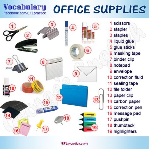 office supplies Basic Office Supplies List, Beginners Spanish, Office Supplies List, English Knowledge, Office Tools, Organization Planner, High School History, Stationary Shop, Book Background