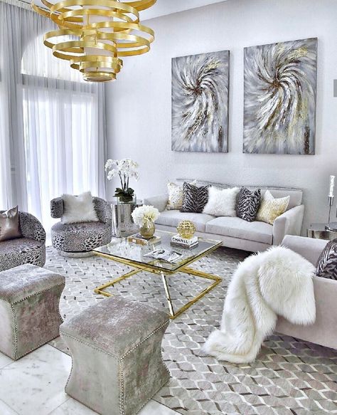 Gray and gold decor living room Modern Glam Living Room, Gold Living Room Decor, Glam Living Room Decor, Gold Living, Living Room Decor Gray, Interior Design Per La Casa, Gold Living Room, Glam Living Room, Gold Home Decor