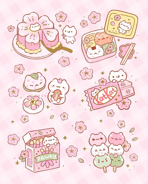 “Which snack would you pick? 🌸 #ArtistOnTwitter” Kawaii Doodles Cute, Lil Sketches, Japan Journal, Procreate Sketches, Japanese Food Illustration, 귀여운 음식 그림, Sakura Flowers, Food Drawings, Stickers Kawaii