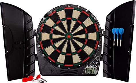 Amazon.com: Franklin Sports Electronic Dart Board Set - Soft Tip Electric Dartboard with Digital Scoreboard + Cabinet - Adults + Family Set - (6) Darts Included - FS3000, Black : Everything Else Electronic Dart Board, Dart Board Cabinet, Triumph Sports, Darts Game, Dart Set, Wall Mounted Cabinet, Man Cave Bar, Dart Board, Indoor Games