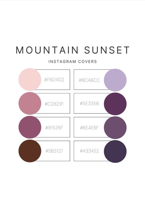 Color palette for Instagram cover; sunset color palette; best color palette for mountain sunset; mountain sunset color palette for posting on social media--Instagram, Facebook, TikTok; with hex number codes Neutral Color Palette With Hex Codes, Number Codes, Purple Hex, Sunset Color Palette, Instagram Code, Purple Palette, Hex Color, Pantone Colour Palettes, Sunset Color