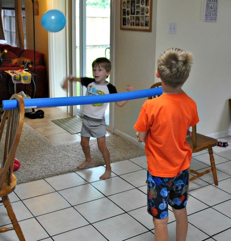 Indoor volleyball. Pool noodle tucked in chairs, balloon. Enjoy! Superhero Games, Balloon Games For Kids, Superhero Training, Indoor Volleyball, Gross Motor Activities, Pool Noodle, Happy Children, Family Fun Games, Superhero Birthday Party