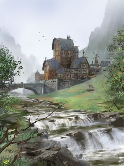 Tags: Fantasy art, setting environment, village, river Source: Artist's page on ArtStation.com Artist: Allen Song Title: Quiet Village Fantasy Village, Fantasy Town, Heroic Fantasy, Rpg Map, Location Inspiration, Fantasy City, Fantasy Castle, Fantasy Setting, Fantasy Places