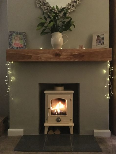 New woodburner Log Burner Mantle Ideas, Rustic Lounge Ideas, Woodburner Fireplace Ideas, Stove Fireplace Ideas, Fire Places Ideas, Small Fireplace Ideas, Empty Fireplace Ideas, Wood Burner Fireplace, Log Burner Living Room