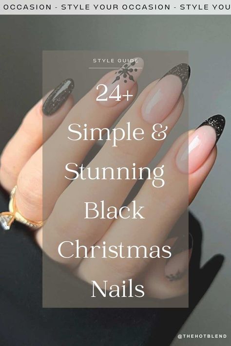 24+ Simple Black Christmas Nails To Try This Holiday Season! Holiday Nails Black And Silver, Pretty Winter Nails Classy Black, Black Sparkle Christmas Nails, Holiday Nails Black And White, Black Tip Christmas Nails, French Winter Nail Designs, Black December Nails, Dark Winter Nails With Design, Black And White Nails Christmas