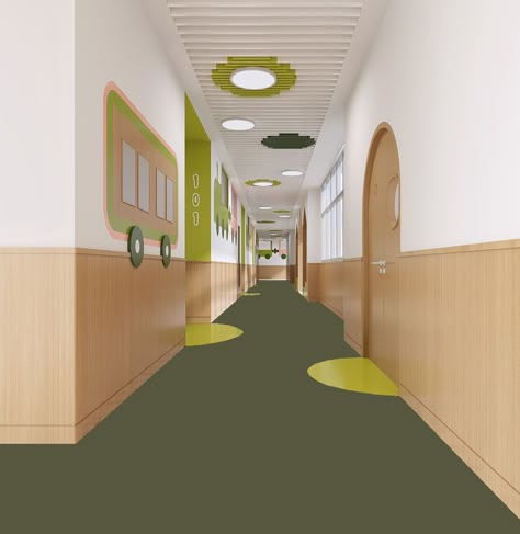 Kindergarten Corridor Design, Kids Hospital Design, Kindergarten Corridor, Future School Design, School Interior Design Classroom, Small Dental Clinic, Kindergarten Hallway, Shelter Interior Design, Daycare Layout