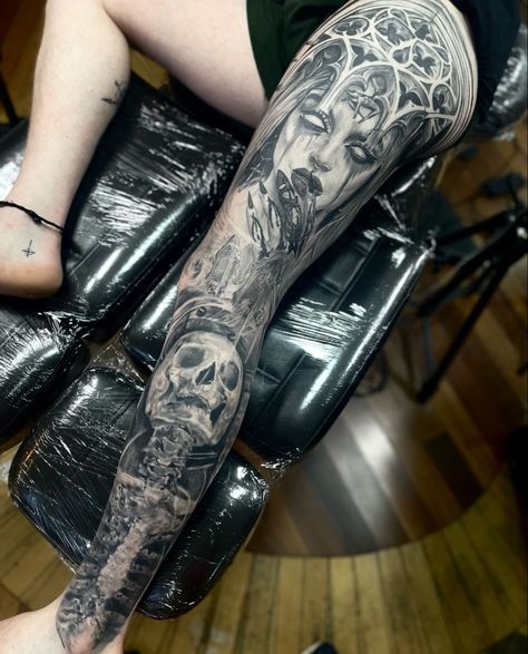 Dark Tattoos Leg Sleeve, Scary Leg Sleeve Tattoo, Demon Leg Tattoo, Goth Leg Sleeve Tattoo, Gothic Realism Tattoo, Dark Leg Sleeve Tattoo, Gothic Leg Sleeve Tattoo, Gothic Leg Tattoos, Half Leg Sleeves For Females