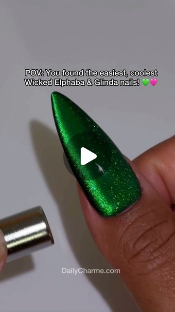 Daily Charme Official on Instagram: "POV: You just found the coolest & easiest ✨ peek-a-boo Wicked Nails tutorial 💖💚 Elphaba green meets Glinda pink in this magical design! Are you Team Good or Team Wicked? Vote below! 🧙‍♀️💅 Comment “WICKED” for a direct link to all the products you need to create this spellbinding look! 🔗  Save & share this inspo with your nail besties! 💖   Using @daily_charme: 💖 S30 Angel Quartz 🩷 305 Sweet Dreams 💚 710 Classic Green 💚 3-in-1 Emerald Green Magnetic Chrome 💖 5-in-1 Strengthening Gel 🩷 Diamond Shine Top Coat 💚 Strong Cat Eye Magnetic Cylinder 💚 08 Oval Brush 💖 Long Stiletto Clear Charme Gel Extension Tips  #chromenails #cateyenails #holonails #naildesigns #wickednails #diynails #fallnails #glitternails #nailinspo #halloweennails #gelnails #n Wicked Nails Designs, Wicked Nail Art, Glinda Nails Wicked, Emerald Green Cat Eye Nails, Wicked Themed Nails, Green Nails Stiletto, Wicked Nail Designs, Wicked Nails Musical, Wicked Inspired Nails