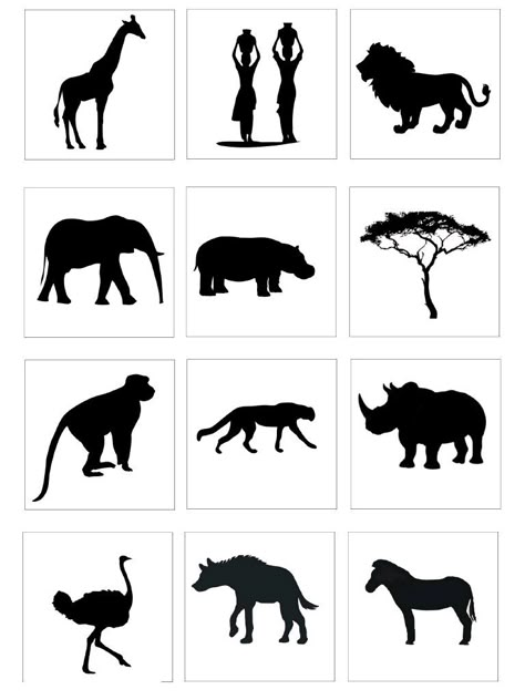 la savane (la savane.pdf) - Fichier PDF imprimez 2 fois, plastifiez et découpez une planche African Art Projects, معرض فني, Jungle Thema, Afrique Art, Animal Silhouette, Africa Art, Safari Theme, Silhouette Art, African Animals