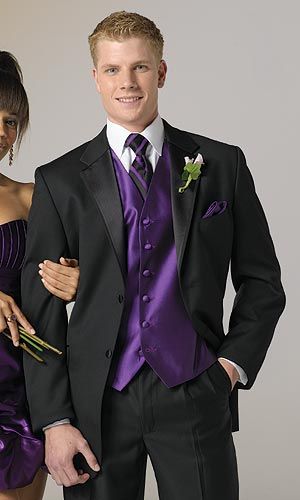 Black suits for the guys Purple And Black Suits For Men, Black Tux With Purple Tie, Black Purple Tuxedo, Purple And Black Groomsmen Attire, Black And Purple Groomsmen, Black Tux With Purple Accents, Groomsmen Attire Purple, Purple Tuxedo, Prom For Guys