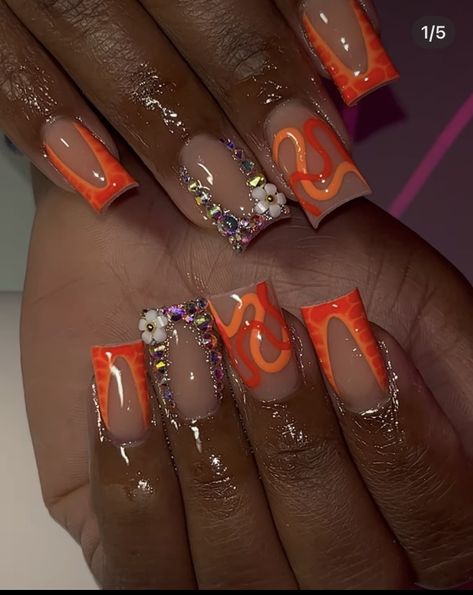 Short Orange Nail Designs, Orange Acrylic Nails, Acrylic Nail Set, Hard Nails, Colored Acrylic Nails, Girly Acrylic Nails, Work Nails, Dope Nail Designs, Short Square Acrylic Nails