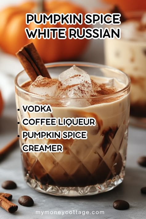 🎃🍸 Pumpkin Spice White Russian Recipe 🍸🎃  Indulge in the ultimate fall cocktail with this Pumpkin Spice White Russian! Creamy, cozy, and oh-so-delicious, it's the perfect drink for pumpkin spice lovers. 🍂✨ 🎃🍹 #PumpkinSpiceEverything #FallCocktails #WhiteRussian #SeasonalSips #AutumnIndulgence #PumpkinCocktails #CheapFallCocktails #LiqueurCocktails #FallCocktailRecipes Creamy Fall Drinks Alcohol, Simple Fall Alcoholic Drinks, Fancy Fall Drinks, Fall Frozen Alcoholic Drinks, Hot Alcohol Drinks, Vanilla Crown Recipes, Homemade Alcohol Recipes, Boozy Fall Drinks, Drinks With Coffee Liquor