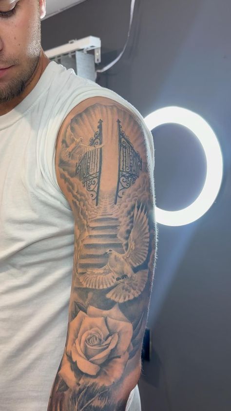 Men Tattoo Sleeve, Jesus Forearm Tattoo, Armor Sleeve Tattoo, Shoulder Piece Tattoo, Mens Full Sleeve Tattoo, Shoulder Armor Tattoo, Arm Tattoos Black, Arm Tattoos For Guys Forearm, Memorial Tattoo Ideas