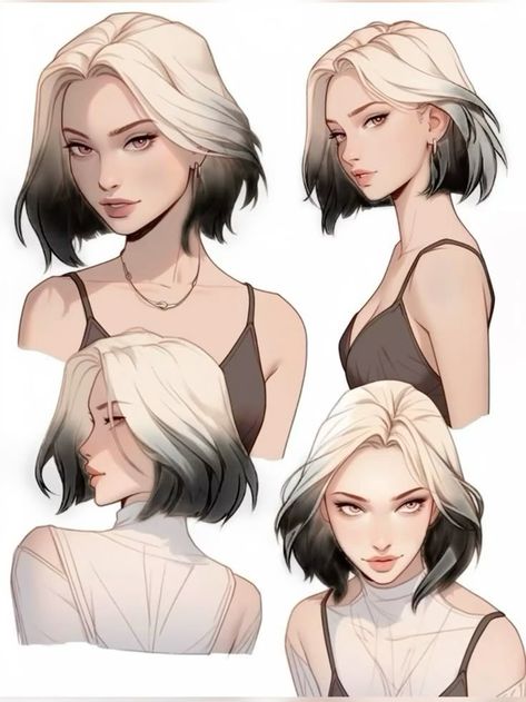 Shoulder Length Hair Drawing Reference, Strong Female Reference, Anime Female With Short Hair, Female Oc Short Hair, D&d Character Ideas Female, Short Hair Sketch Female, Long Wavy Hair Drawing Reference, Stylized Hair Drawing, Comic Book Style Art Character Design