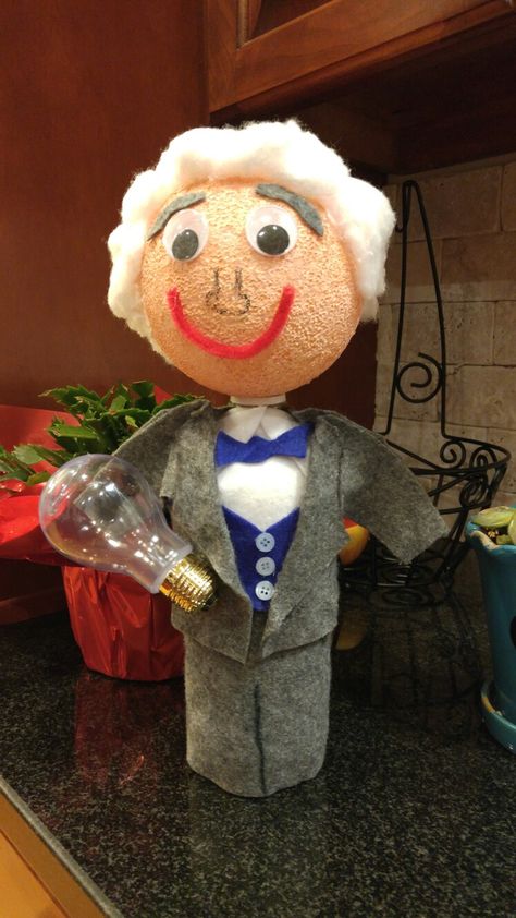 Thomas Edison Bottle Biography. Bottle Buddy Project How To Make, Thomas Edison Project, Bottle Biography Projects, Biography Bottle Project, Thomas Edison Activities, Homework Corner, Bottle Character, Soda Bottle Crafts, Elementary School Projects