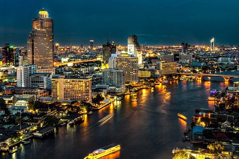 Bangkok, Thailand (by Dave_O1) Bangkok At Night, River At Night, Bangkok Tourist, Bangkok Shopping, Chao Phraya River, Bangkok Hotel, Bangkok Travel, Night Landscape, Top Floor