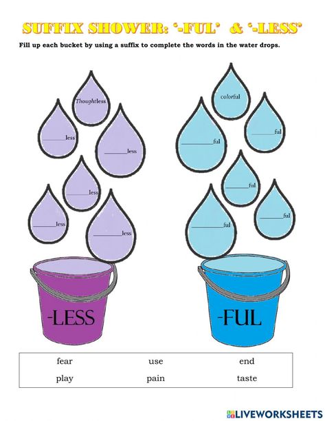 Suffix Ful And Less Worksheet, Suffix Tion, Prefixes Activities, Suffixes Anchor Chart, Teaching Punctuation, Suffix Activities, Prefix Worksheet, Suffixes Worksheets, English Poems For Kids