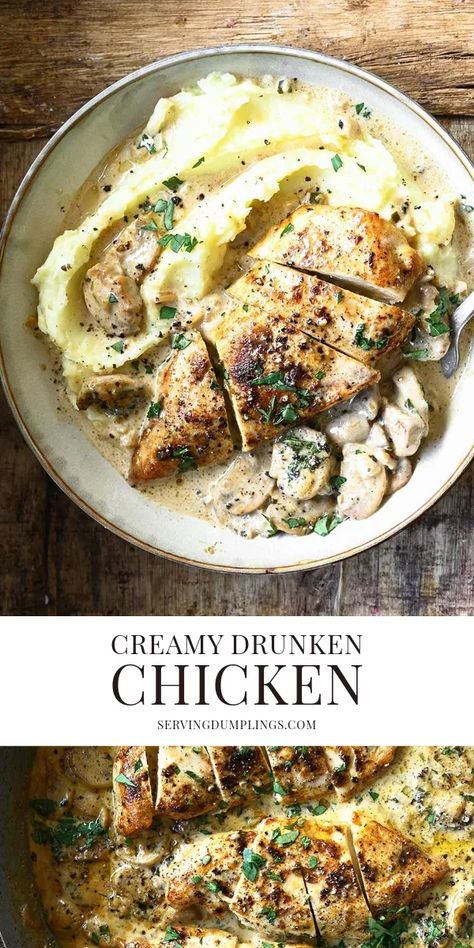 Creamy Drunken Chicken with Mushrooms Drunken Chicken Recipe, Serving Dumplings, Dumplings Recipes, Drunken Chicken, Chicken With Mushrooms, Balsamic Mushrooms, Recipes Casserole, Chic Chic, Chicken Dinners