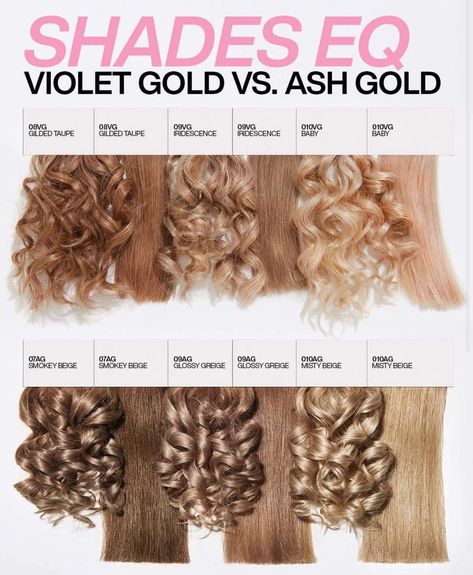 What is the difference between @redken shades EQ new Ash Gold series and the Violet Gold shades? Let's learn 👇 While both feature a brown… Redken Toner, Pale Pink Hair, Blonde Toner, Hair Formulas, Hair Color Guide, Redken Hair Color, Bottle Blonde, Gold Shades, Map Compass