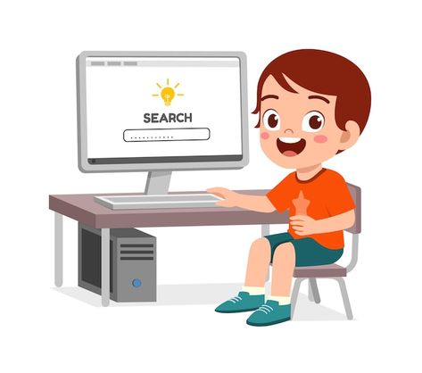 Cute little kid use computer to study in... | Premium Vector #Freepik #vector #school #people #technology #children Computer Cartoon, Kids Going To School, Computer Vector, Computer Learning, Kid Boy, Kids Study, Kids Ride On, Kids Pictures, Happy Kids