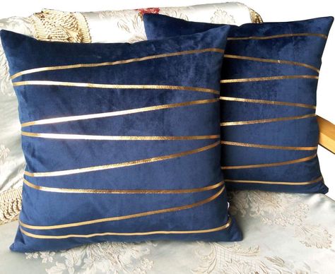 ZUODO Navy Velvet Cushion Cover 45 x45 Cm Gold Stripe Blue Velvet Cushion Covers 45 x45 cm Gold Foil Printing Decorative Pillowcase 1 Piece Cover (Gold Stripe- navy, 1): Amazon.co.uk: Kitchen & Home Velvet Cushions Bedroom, Cushion Covers Ideas, Navy Pillow, Indian Cushions, Cushion Cover Pattern, Navy Pillows, Foil Printing, Sewing Cushions, Crochet Pillow Pattern