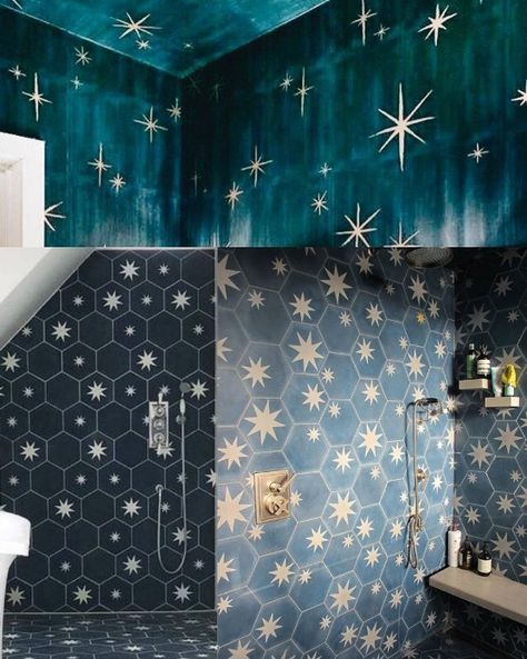 North star bathroom. Blue Star Bathroom, Starry Bathroom Ideas, Night Sky Bathroom, Starry Bathroom, Stars Bathroom, Celestial Bathroom, Star Bathroom, Blue Bathroom Decor, Beach Bungalow