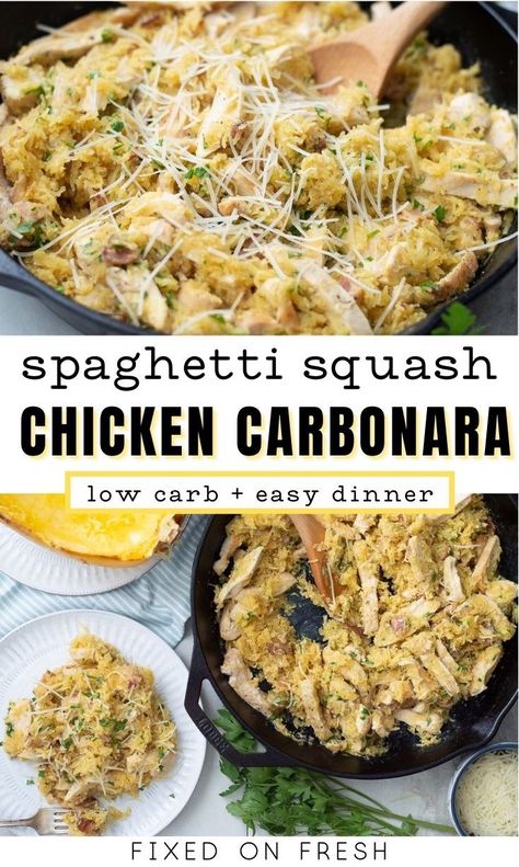 Spaghetti Squash Chicken, Low Carb Spaghetti, Chicken Carbonara, Healthy Chicken Dinner, Chicken Spaghetti Squash, Pasta Carbonara, Spaghetti Recipe, Spaghetti Squash Recipes, Spaghetti Carbonara