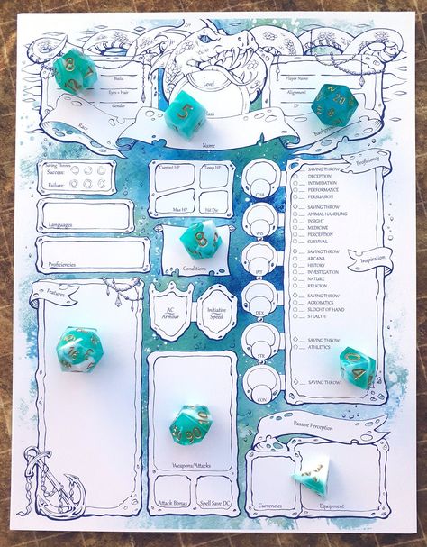 Player character sheets for D&D 5e. Perfect for all your Pirates, Sailors, Water Genasi, Tritons, Sea Sorcerers, Fathomless Patron Warlocks, or even a Circle of the Coast druid. Pretty much any character/campaign centered around the sea! 4 PDF pages - Colour/8.5x11 Includes Spell Sheet and Extra Sheet (for inventory/backstory/etc) 4 PDF pages - Grey/8.5x11 Includes Spell Sheet and Extra Sheet (for inventory/backstory/etc) ** Sept2020: These sheets have had a minor edit to increase vibrancy, if y Water Genasi, Dnd Diy, Dnd Character Sheet, Dnd Campaign, Sea Serpent, Character Sheets, Raspberry Smoothie, Role Playing Games, Blue Raspberry