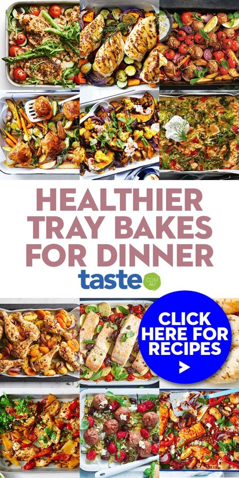 One Tray Bake, Traybakes Savoury, Traybake Recipes Dinner, Healthy Meat And Veggie Meals, Tray Bakes Dinner, Meat And Vegetable Dinners, Veg Bake, Tray Meals, Sheet Meals