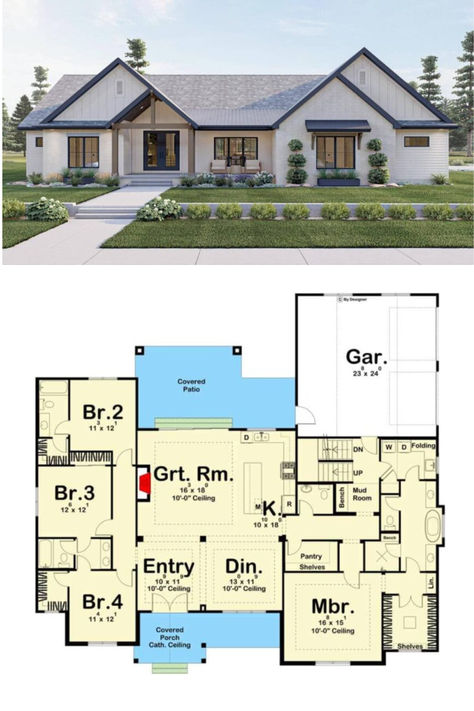 Single-Story Modern 4-Bedroom Farmhouse House Plan with Jack & Jill Bath and Bonus Expansion 4 Bed 1 Story House Plan, House Layouts Single Story, Homes Layout Floor Plans, First Home Floor Plans, Modern Farmhouse Exterior Layout, Completely Open Floor Plan, Ranch Building Plans, 4 Bed 3 Bath Ranch House Plans, 4 Bedroom House Blueprints