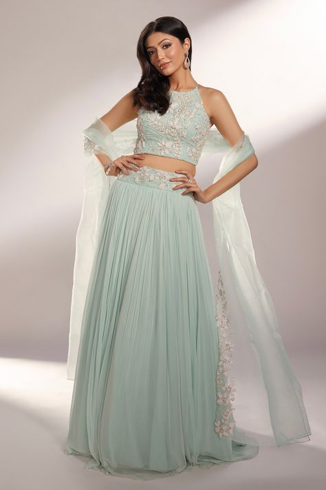 Aqua Lehenga, Pleated Lehenga, Chaniya Choli Designs, Sangeet Outfit, Trendy Outfits Indian, Lehenga Designs Simple, Corset Blouse, Fashion Courses, Half Saree Designs