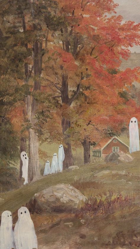 #fall #ghosttrend #ghost #fallaesthetic Winter Fall Wallpaper, Ghost Fall Aesthetic, Ghost Painting Wallpaper, Ghost Background, Gloomy Fall Aesthetic Wallpaper, Autumn Ghost Wallpaper, Floral Ghost Wallpaper, Ghost Vintage Painting, September Wallpaper