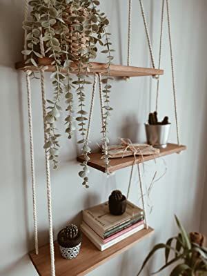 NWOOD Hanging Shelves for Wall with Customized Alphabet Stickers, Swing Floating Shelves, Wood Bookshelf, Rustic Boho Room Decor with Cotton Macrame Rope for Plants, Living Room, Bedroom and Kitchen Boho Shelf Decor, Macrame Shelf, Zen Bathroom, Wall Shelf Decor, Boho Room Decor, Boho Room, Boho Bedroom Decor, Shelves In Bedroom, Hanging Plant