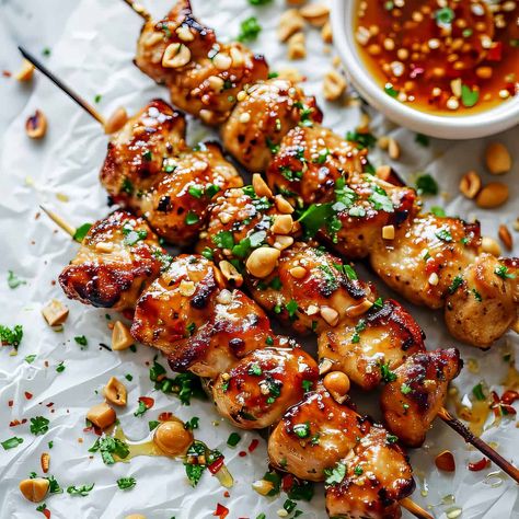 Coconut Chicken Skewers, Asian Chicken Skewers, Garlic Sauce For Chicken, Spicy Korean Chicken, Pomegranate Chicken, Vegetarian Spring Rolls, Asian Inspired Salad, Chicken Skewer Recipe, Crispy Chicken Tenders