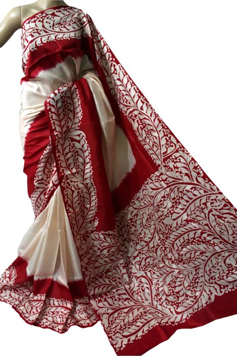 Red And White Saree, Batik Saree, Wedding Wear Saree, Tussar Saree, Cotton Saree Blouse Designs, Cotton Saree Blouse, Block Print Saree, Sarees For Women, Indian Fashion Saree