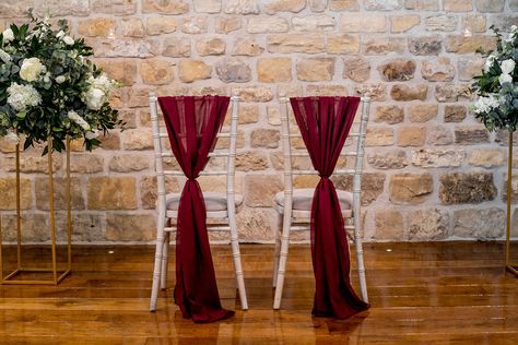 Burgundy Chiffon Chair Sash, Bride Groom Chairs, Chair Sash, Chair Decor, Chair Decorations, Wine Colored, White Rose, White Roses, Bride Groom