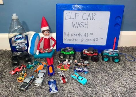 Elf On The Shelf Ideas Hot Wheels, Elf On The Shelf Truck Ideas, Elf Car Wash, Elf On The Shelf Monster Truck, Awesome Elf On The Shelf Ideas, Elf Activities, Xmas Elf, Elf Fun, Elf Ideas